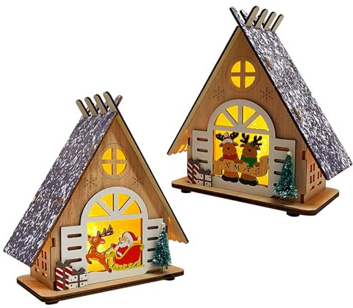2 adornos navideños de madera, para interior y pueblo de Navidad con iluminación