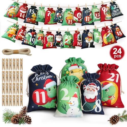 Edonkvi Adventskalender zum Befüllen Kinder, 24 Weihnachtskalender Selber Machen Säckchen Stoff, Jutesäckchen Groß Tüten Selbstgemachter, Kalender Selbstbefüllen Dino Befüllbarer für Mädchen Jungen