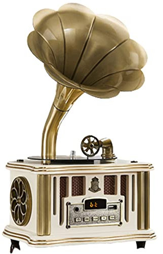 FLNOZAMZ Retro-Plattenspieler, Mini-Tischplatten-Grammophon mit Bluetooth-Lautsprecher mit Funkfernbedienung, eingebauter Lautsprecher/UKW-Radio/USB (Ivory White)