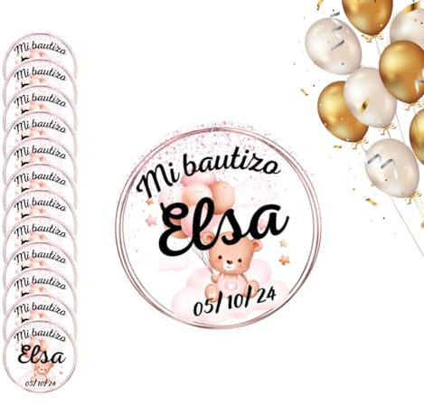 Pegatinas personalizadas para bautizo, 4cm | 80 unidades de 3 cm, 48 de 4 cm o 33 de 5 cm, Con topper decorativo para tarta, 6