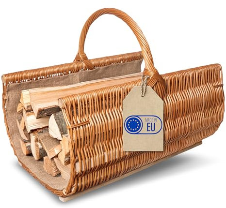 Creative Home Groß Kaminkorb Holzkorb Kaminholzkorb | 60 x 45 x 50 cm (+/-2cm) | Aufbewahrung Oval Weidenkorb für Kaminholz/Holz | Braun Dick Weide Feuerholzkorb mit Juteeinlage Holztrage Tragekorb