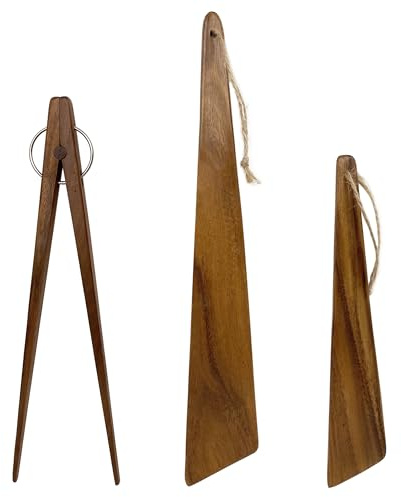 UPTALY 2 volteadores finos de madera para tortilla (30 cm, 22 cm), 1 pinza de palillo para sushi (25 cm), madera de acacia, espátula de madera pequeña, pinzas de chef, raspador de cocina en ángulo,