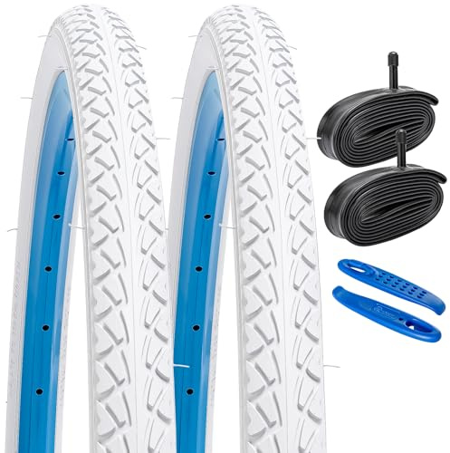 2-PCS 26 Pouces White Vélo pneus 26x2.10/54-559 and 26 Pouces Vélo Chambre à air Schrader Valve Compatible with Vélo 26x1.95 26x2.0 26x2.10 26x2.125 Bike pneus and Chambre à air (Y-1056)