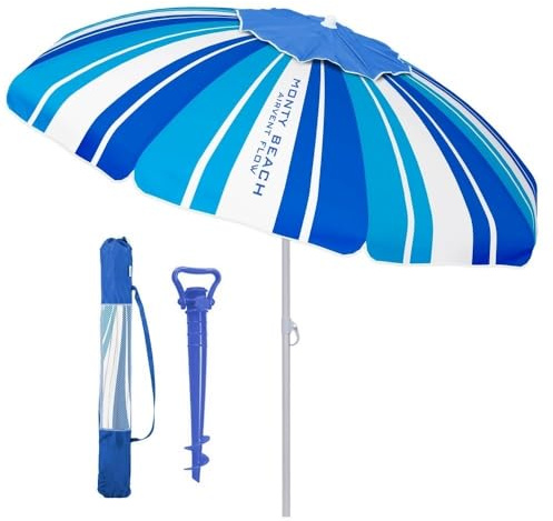 Sombrilla playa 200 cm y soporte arena, protección UV+50, Azul a rayas