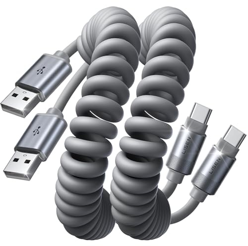 Cavo USB C a spirale LISEN CarPlay [2 pezzi da 3,3 piedi] Cavo USB a USB C per auto, cavo retrattile di tipo C, cavo di ricarica USB A a C in silicone compatibile con iPhone 16/15, Samsung Galaxy S23