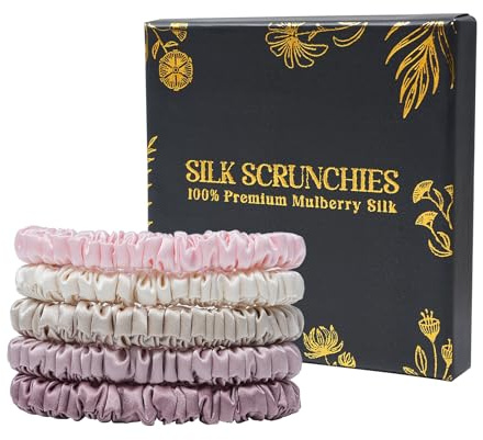 WELROG Set med 5 stycken 100 % mullbärssilke scrunchies för kvinnor silkeshårsnoddar för flickor elastisk silke hårsnoddar utan avtryck för smidigt hår