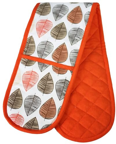 Orange Leaf Double Oven Glove – 100% Cotton Quilted & Heat Resistant Kitchen Mitt – Extra Long Insulated Cooking Glove with Hanging Loop – Modern & Functional for Baking, Cooking & Grilling