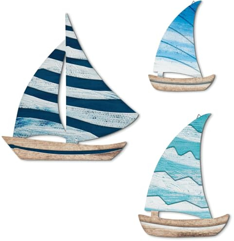 WUBAYI Segelboot Wanddeko 3 Teilig Set - Nautischer Stil Holzoptik Wanddeko für Wohnzimmer, Schlafzimmer, Badezimmer, Flur, Ferienhaus - Blau