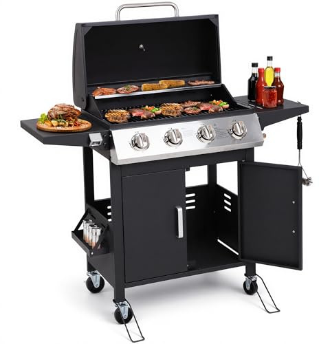 HUGROVE 4-Burner Propane Gas BBQ Grill, Upgraded 40,000 BTU Stainless Steel Barbecue Grill with Foldable Side Tables, Spice Rack & Wheels for Outdoor Cooking