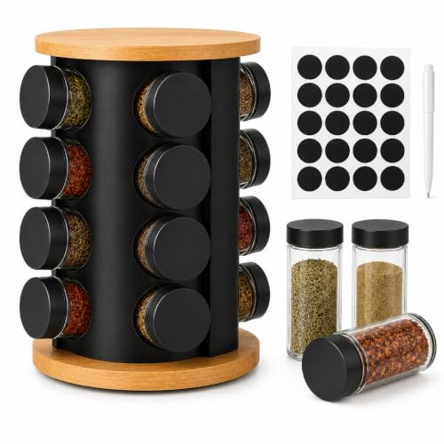 Doria Spice Rack Organiser with 16 Spice Jars, Thick and Strong Spice Racks Free Standing Carousel Spice Storage Can Rotated 360° (Black)