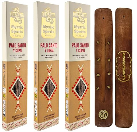 AROMASENSES | Pack de 3 Encens Mystic Spirits Palo Santo avec Copal | 3 Boîtes de 8 Bâtonnets + 1 Plaque en Bois | Encens Artisanal | Ésotérique | Purification