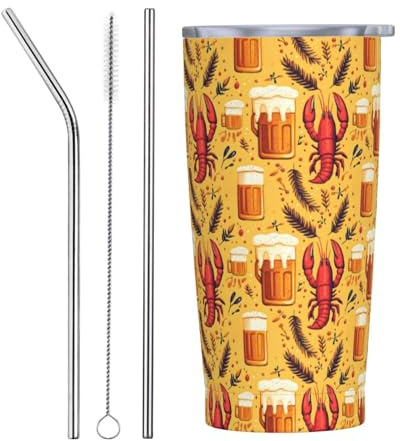 Vaso de cerveza con diseño de langosta de dibujos animados con tapa y popote, vasos aislados de acero inoxidable de 20 onzas, vaso de café personalizado para viaje, botella de agua
