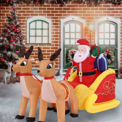 OHMG 220 cm Weihnachtsmann aufblasbar mit Schlitten und Rentieren mit 5 integrierten LED-Lichtern, selbstaufblasend elektrisch, Weihnachtsdekoration für Innen- und Außenbereich, wasserdicht, für Rasen