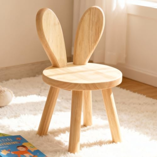 CEWROM Tabouret Enfant en Bois Massif avec Dossier en Forme d'Oreilles de Lapin - Chaise Sécurisée aux Angles Ronds pour Chambre d'Enfant, Salle à Manger ou Salon