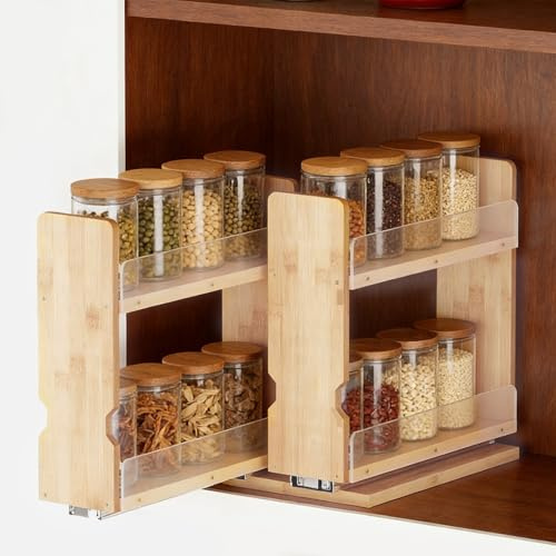 CAIEJSAEN 2-Teiliges Set 2 Schubladen 2 Etagen Gewürz Organizer 27.5 * 13 * 24.5 cm für Bambus Gewürzregal Wand Ohne Bohren Gewürzregal Ausziehbar Mit Breiterem Innenschlitz Hält Größere Gewürzgläser