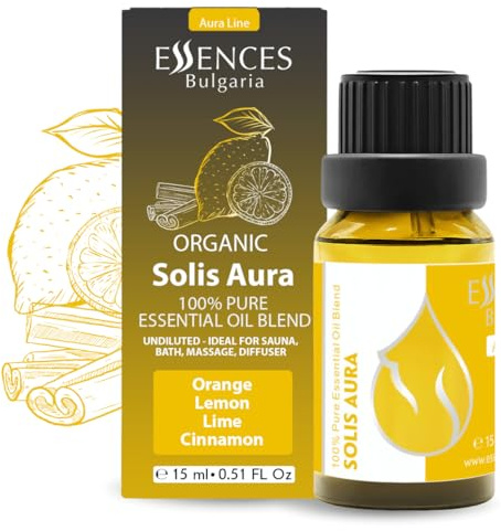 Mezcla de aceites esenciales orgánicos Essences Bulgaria Solis Aura 15 ml | Naranja, limón, lima, canela | Aromaterapia, sauna y spa | 100 % puro y natural | Sin diluir