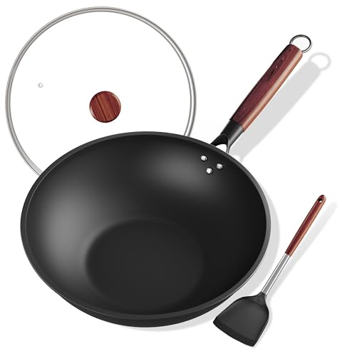 Frskalet 33cm/13 Wok Antiadherente con Tapa & Espátula de Silicona, Sin Revestimiento Químico Wok Induccion Porciones de Comida de 3-6 Personas, para Cocinas de Inducción, Eléctricas y de Gas