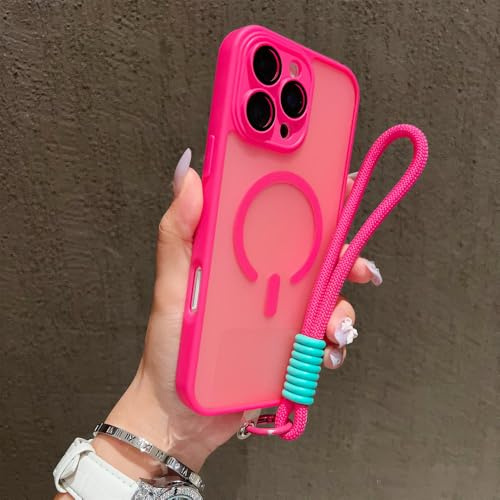 FYYFTYT Custodia opaca antiurto per iPhone 17 16 14 13 Mini 15 12 11 Pro Max Plus con cinturino da polso magnetico, rosa, per iPhone 14 ProMax