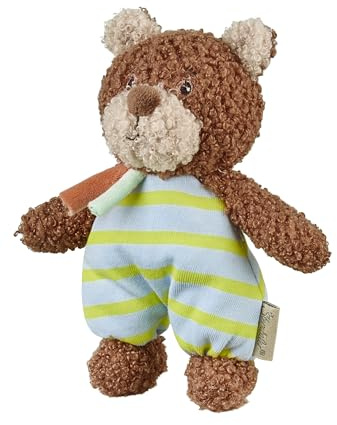 Sterntaler Kuscheltier S Bär Bob aus kuschligem Flausch und bedrucktem Jersey, gefüllt mit Polyesterwatte, mit Rassel, 16 × 11 × 6 cm – braun