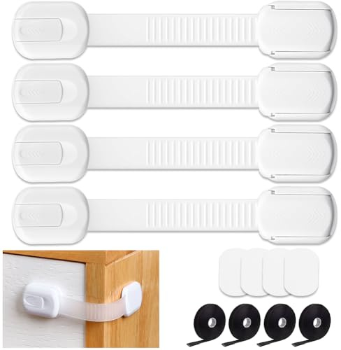 Barnsäkerhetsskåp lås justerbara babysäkra skåp lås självhäftande remspärrar för kylskåp, skåp, lådor, diskmaskin, toalett 4-pack