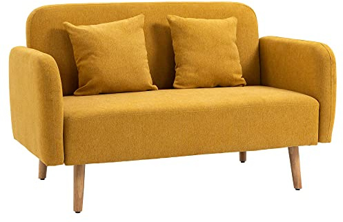 HOMCOM Sofa 2 Sitzer Couch mit 2 Wurfkissen, Kleine Loveseat mit Samtopik Modern Polstersofa für Wohnzimmer, Schlafzimmer, kleinen Raum, Gelb 130 x 70 x 80 cm