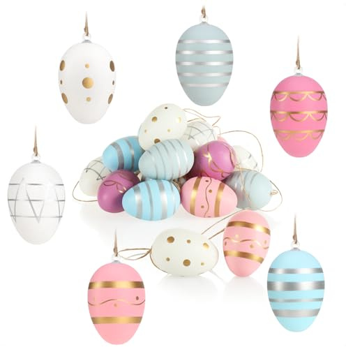 com-four® 18x Ostereier zum Aufhängen, Ostereier mit Muster rosa/blau/weiß | Hängedeko aus Kunststoff für den Osterstrauß
