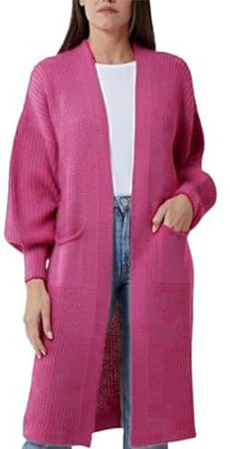 Women Open Front Knitted Slouchy Balloon Sleeve Long Cardigan – Ladies Sweater Maxi Knitted Puff Sleeve 2 Pocket Cardigan Boyfriend long Sweater Coatigan Top UK Size 8-14 (Fuchsia, 12-14)