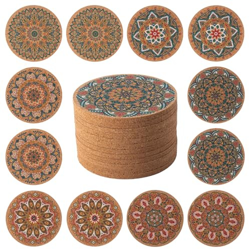 STARUBY 12 Pcs Cork Coasters, Coasters for Drinks, for Coffee Table | for Drinks Absorbent Kitchen Dining Room Decoration 10cm Round Flower1