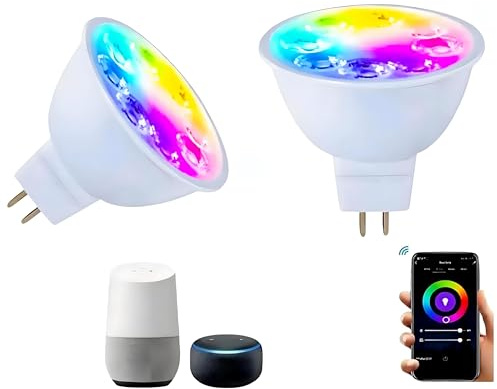 Wixann Smart MR16 GU5.3 LED Bulbs,APP Controls RGB MR16 GU5.3 Light Bulbs Compatible with Alexa and Google Home,450LM 12V Bi-Pin Base,Colour Changing WiFi Bulbs (2Pack)