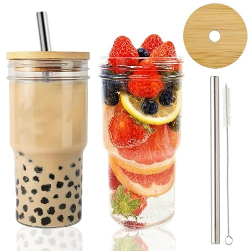 TAIHE 700ml Bubble Tea Becher mit Deckel und Strohhalm - Wiederverwendbarer Glasbecher für Eiskaffee, Longdrinkgläser, Boba, Reiseflasche, Weithals-Einmachglas