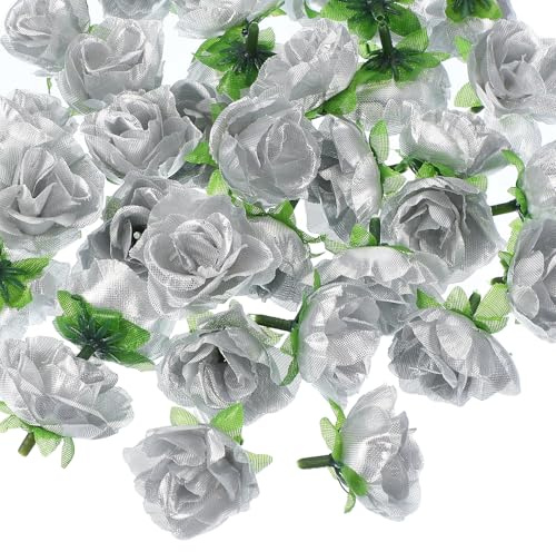 PATIKIL 1,18 Zoll Mini Künstliche Rosenblüten, 50 Stück Seidenrosenstrauß Künstliche Blumen für DIY Hochzeit Brautdusche Geburtstag Wohnkultur Party Dekoration, Silber