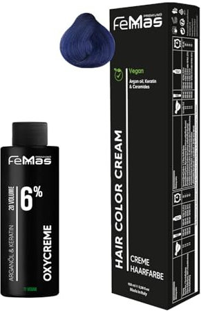 Femmas Haarfarbe Set Blau I Hair Color Cream 100ml + Oxycreme 100ml 6% I Permanente Haar-Coloration + Entwickler I Schonend & langanhaltend I Salon-Haarfarbe für Zuhause