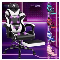 ALFORDSON Gaming Stuhl Massage Gamer Sessel, ergonomischer Bürostuhl, Schreibtischstuhl, Neigungswinkel 150°, höhenverstellbarer Computerstuhl, 180 kg bis, Einziehbare Fußstütze, PU-Leder, Weiß