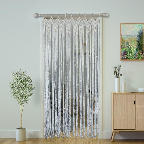 CooCeeMake Macrame Curtain Boho Doorway Curtains,Handmade String Backdrop Panel Hippie Door Hanging Wedding Decor Arch Curtain Room Divider Bohemian Wall Cover (Nature, 35×79in/90×200cm, Beads)
