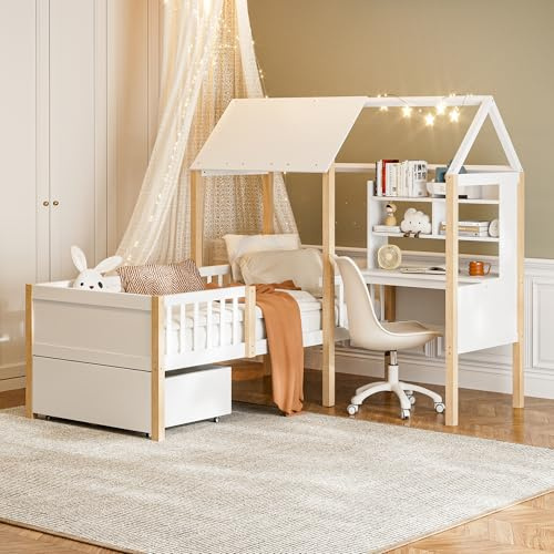Arhatreya Träsäng 90 x 200 cm, barnsäng med skydd, hussäng med lådor, enkelsäng med L-format skrivbord och bokhylla, säng för barn, ungdomar (utan madrass), vit