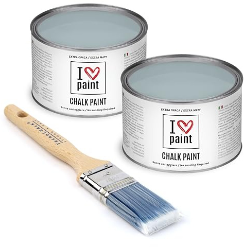 I Love Chalk Paint Carta da zucchero – Set Risparmio 2 Barattoli + Pennello – 750 ml totali – Vernice Effetto Gesso per Mobili – Chalk Paint Pittura Tutto Senza Carteggiare