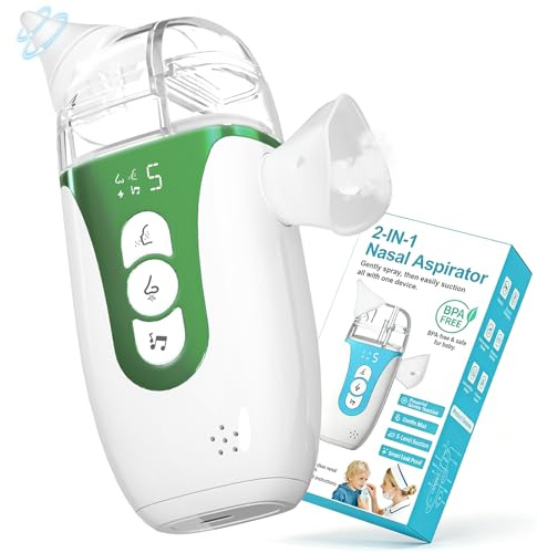 Smart Baby - Aspirador nasal eléctrico 2 en 1 para el hogar con succión de 5 niveles, canciones de cuna relajantes, 2 puntas de silicona, carga USB-C, estuche de almacenamiento, aspirador de nariz de
