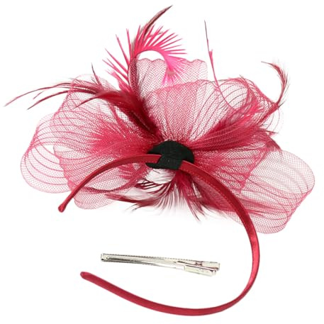 Abaodam Bibi en Maille Rouge Voile et Plume, Pince à Cheveux Amovible, Fascinateur pour Femmes, Chapeau de Thé Élégant pour Mariage, Cocktail et Goûter, Accessoire Coiffure Léger