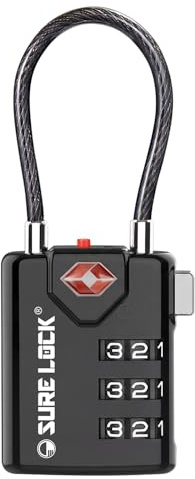 SURE LOCK TSA Approved Luggage Locks with Open Alert Indicator, 3 Digit Combination Cable Travel Lock for Suitcase, Backpack, Gym Locker, Toolbox & Travel Bag（1 Black）