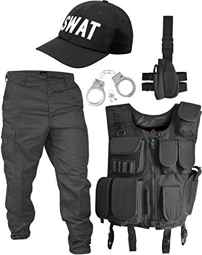 normani SWAT/Security/Police Kostüm bestehend aus Weste, Hose, Pistolenholster, Handschellen und Basecap Farbe Schwarz/SWAT Größe M