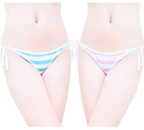 Joyralcos Japanese Striped Panties Bikini Cotton Anime Blue Pink Cosplay Underwear 2 Pack Briefs (Strings)