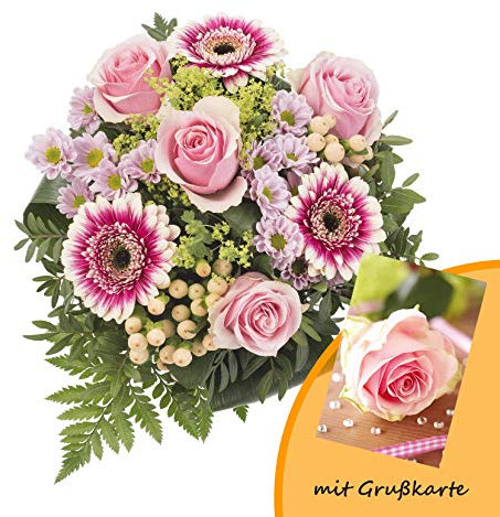 Dominik Blumen und Pflanzen, Blumenstrauß, Blütenduett, mehrfarbig, 40 x 25 x 25 cm und Grußkarte Rosen