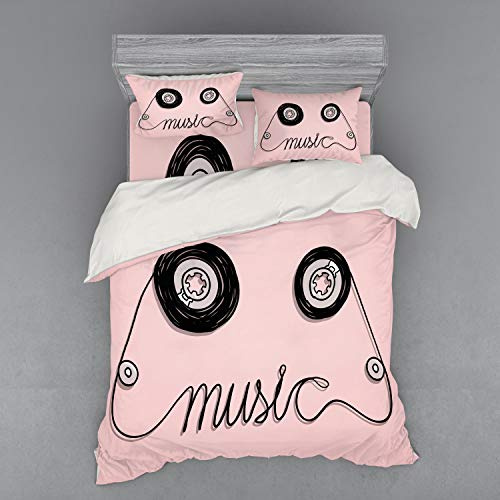 Ambesonne Music Duvet Cover Set, Music Letters Written by Cassette Tape Loud Improvisation Beat Pulse Tempo Image, 4 Piece Bedding Set with Shams and Fitted Sheet, Queen Size, Pink Black