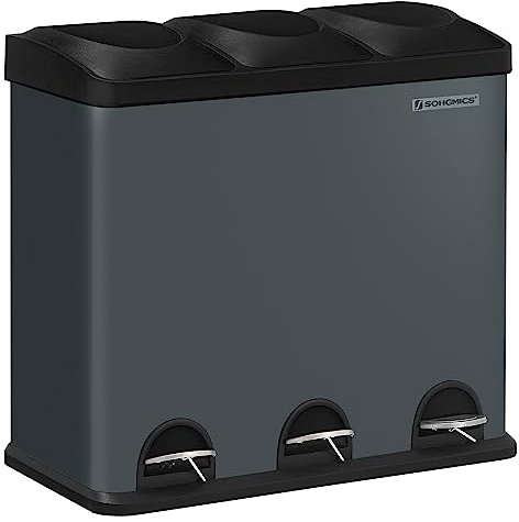 Songmics Pattumiera di 54L, Cestino di Spazzatura, a 3 Sezioni, con Pedale, Secchio Interni, 6 Etichetti per Smaltimento Facile, Grigio e Nero, LTB54G