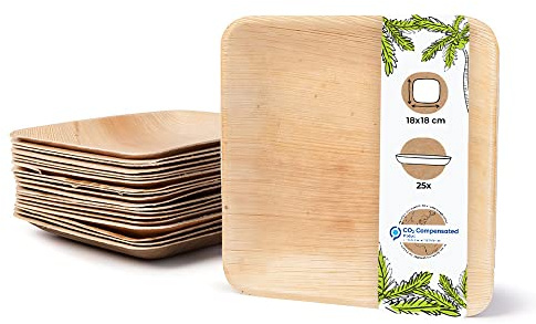 GREENBOX Palmware Hochwertiges Palmblattgeschirr I 25 Stück Palmblatt Teller rechteckig 18 x 18 cm I Bio Einweggeschirr biologisch abbaubar Partygeschirr Einmalgeschirr Wegwerfgeschirr