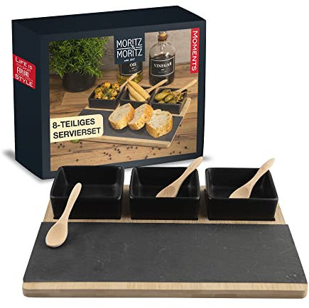Moritz & Moritz juego de cuencos negro incl. cuchara, tabla de servir y plato de pizarra - juego de cuencos como cuencos para tapas, cuencos para mojar, cuencos para aperitivos y cuencos para tapas