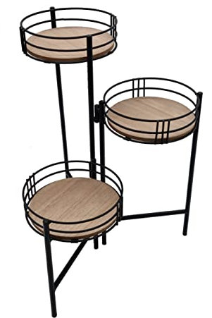 Spetebo Metall Blumentopfständer klappbar schwarz - mit 3 Holz Ablagen - klappbare Blumentreppe - Blumentopf Planzen Deko Gewürz Ständer