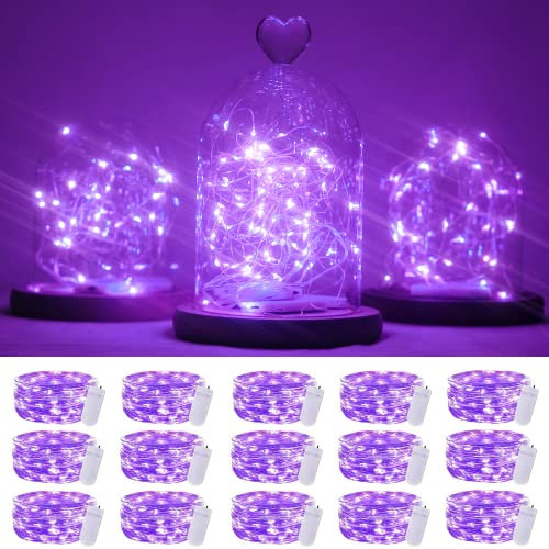 SmilingTown 15 Packs 20 Led Purple Fairy Lights Battery Operated 6.6ft Silver String Lights Waterproof Firefly Starry Light for DIY Table Centerpieces Wedding Halloween Christmas Party Decor