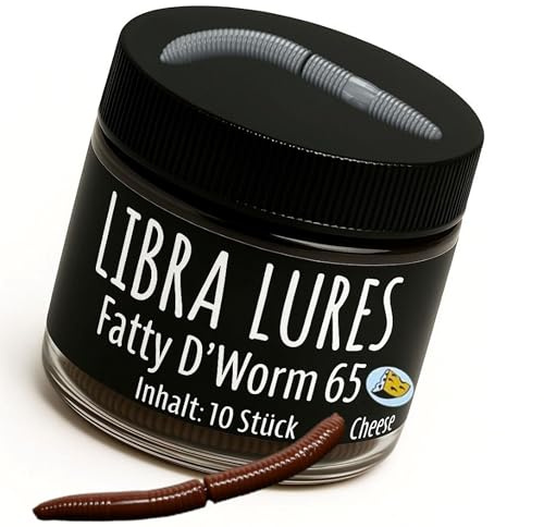 Libra Lures Fatty D`Worm 65mm Forellenköder Supersoft | 10 Stück | Aroma: Käse | Farbe: 038/ Brown | Gummiköder | Forellenköder Neuheiten | Erfolgreicher Forellen Angeln mit dem Fatty