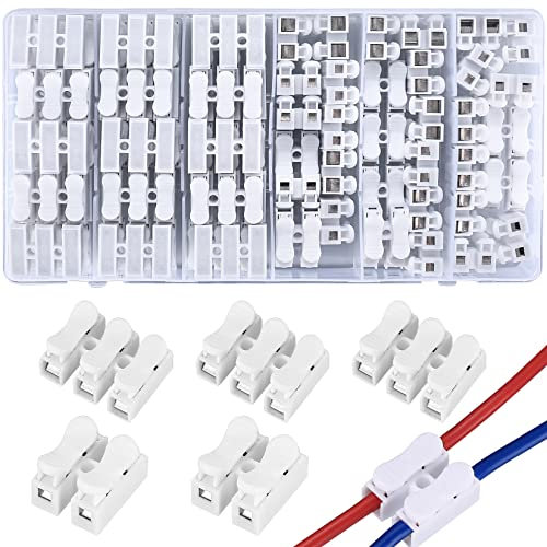 QOOSIKICC 65 Pcs Spring Wire Connectors, Clamp Terminal Cable Connector, CH-2 Electrical Connectors Block, 2 Pin Push-in Quick Connector Wiring Clamps, White